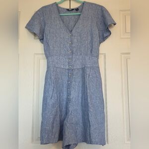 Lands End 100% Linen Flutter Sleeve Blue Button-Down Women's Romper, Size 18